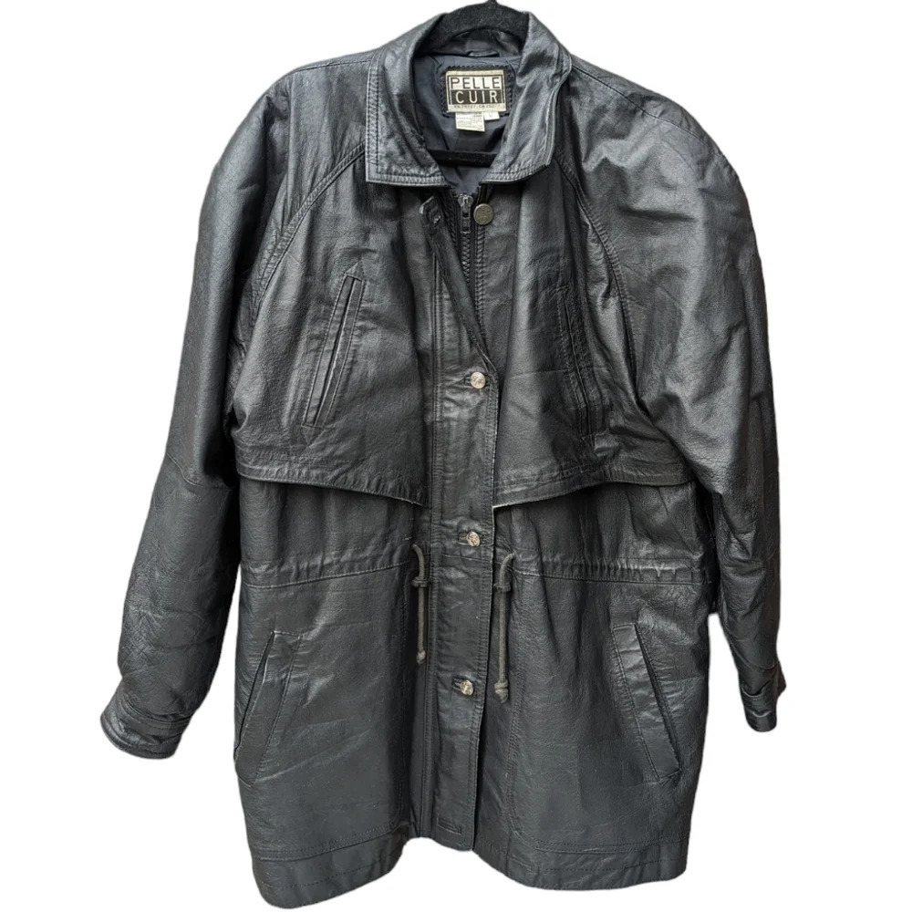 Vintage Pelle Cuir Black Leather Jacket Zipper  & Button Front - Men's Large